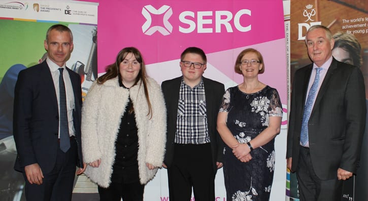 Garth Heatherington, SERC Board of Governors, Awardees Cora May Mahon and Gerard Blaney with Julie McGimpsey, The Duke of Edinburgh’s Award Operations Officer and Ken Web, Principal and Chief Executive, SERC. 